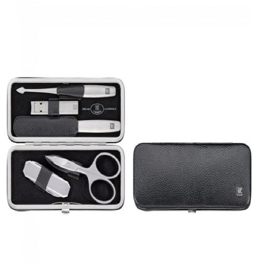 Twinox Calf Leather Rectangular Pocket Manicure Pack, Black, 5 Pieces